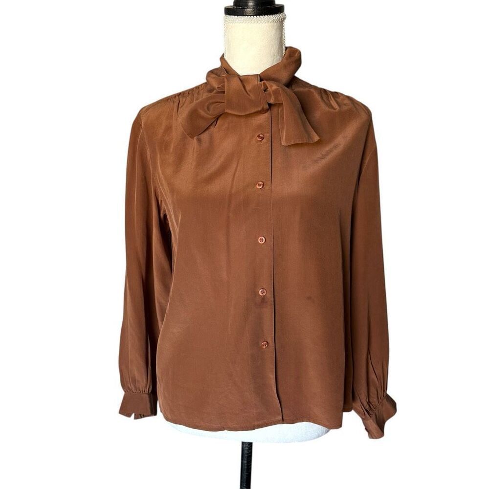 Vintage Lillie Ruben Camel Tan Silk Button Down Long Sleeve Top Size 4